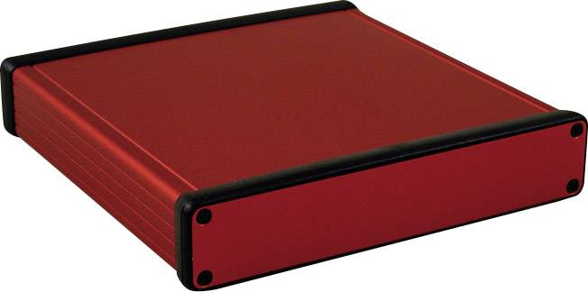 Červená, pravoúhlá skříňka s černými hranami, pravděpodobně kryt pro elektronické zařízení nebo externí pevný disk.