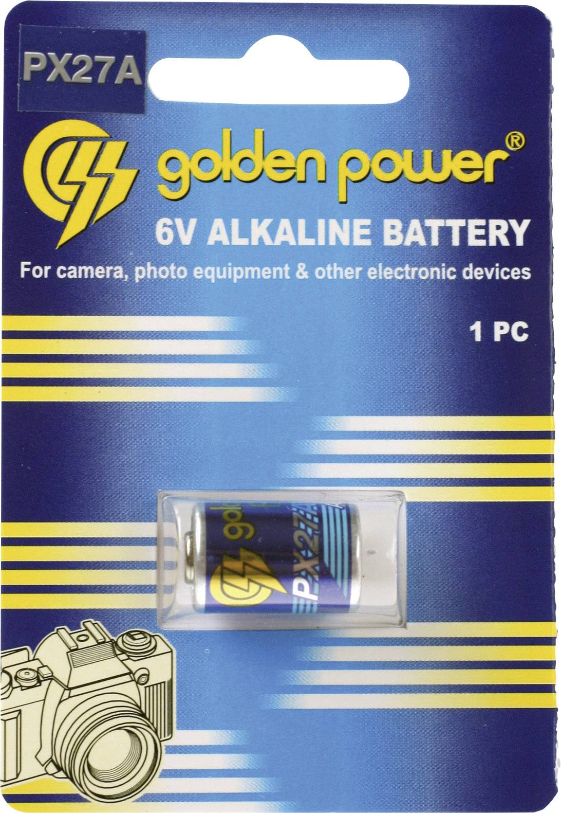 6V alkalická baterie 'Golden Power' v blistrovém balení. Potisk: Vhodné pro fotoaparát, fotovýbavu a další elektronická zařízení. Balení obsahuje jednu baterii.
