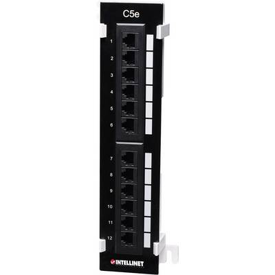 Patch panel se 12 porty RJ-45, označený čísly 1 až 12, kategorie 5e. Značka: INTELLINET.