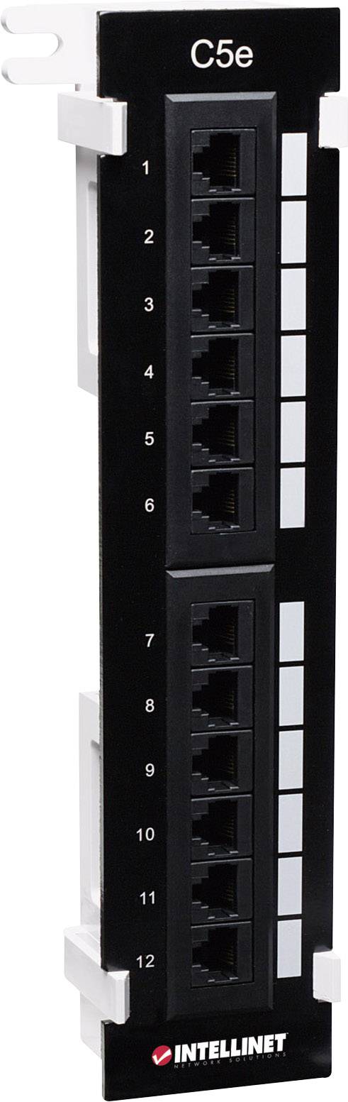 Patch panel se dvanácti ethernetovými porty, vhodný pro síťové kabely, označený štítky 'C5e' a 'INTELLINET'.