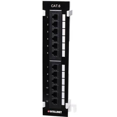 Černý patch panel s 12 síťovými porty, každý očíslovaný od 1 do 12, s nápisem 'CAT.6'.