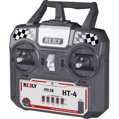 Rádiové ovládání pro RC vozidla, značka Reely, model HT-4. Černě šedý kryt s bílými a červenými designovými prvky.