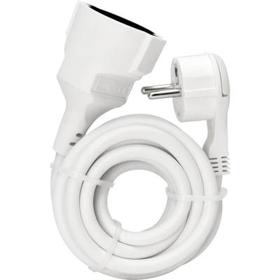 Bílý prodlužovací kabel navinutý do klubka. Vlevo zásuvka, vpravo vidlice. Vhodný pro použití v interiéru.