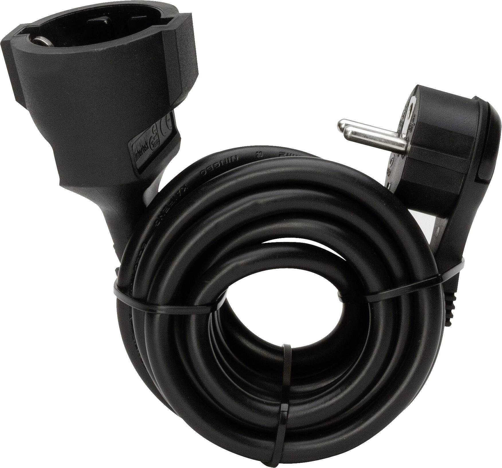 Černý svinutý síťový kabel se Schuko zástrčkou a zásuvkou, používaný pro napájení elektrických zařízení.
