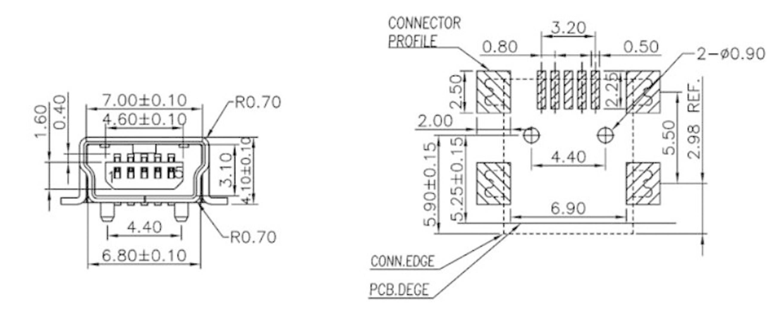 Diagram konektoru s rozměry: šířka 6,80 mm, výška 3,10 mm. Znázorňuje připojovací profily a vzdálenosti kontaktů od hrany desky plošných spojů.