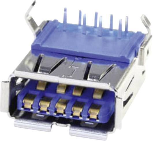 USB konektor s modrými a stříbrnými kovovými částmi, několika zlatými kontakty a kolíky pro elektronické propojení.