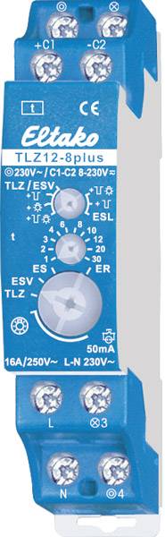 Elektronické časové relé, modré, model TLZ12-8plus. Zobrazuje připojovací svorky, otočný regulátor časového intervalu, LED indikátory stavu.