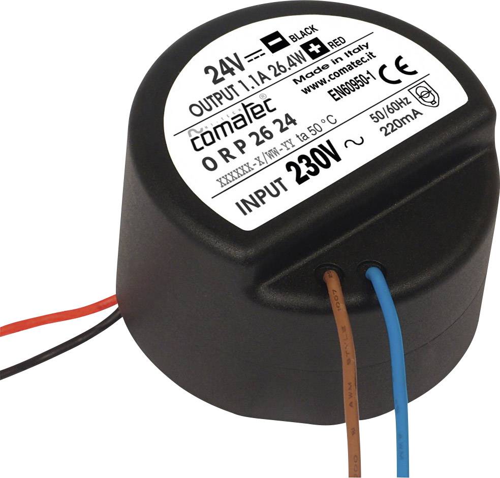 Černá elektrická součástka s nálepkou, zobrazující vstupní a výstupní napětí: vstup 230V, výstup 24V, s kabelovými spoji.