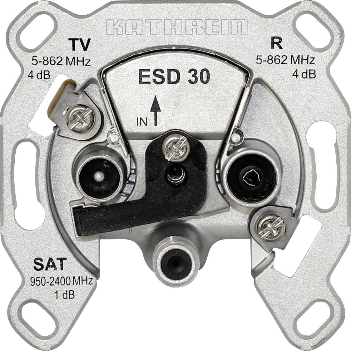 'KATHREIN ESD 30' TV a SAT zásuvka s přípojkami pro TV, rozhlas a SAT. Frekvence: TV/R 5-862 MHz, SAT 950-2400 MHz.