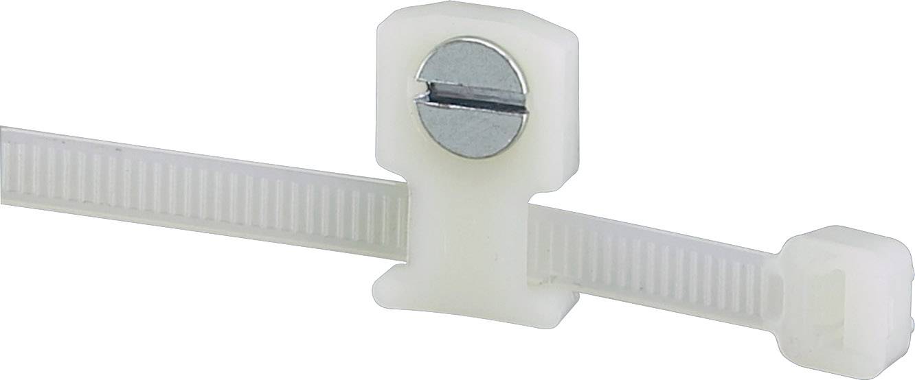 Bílá stahovací páska se šroubovacím mechanismem.