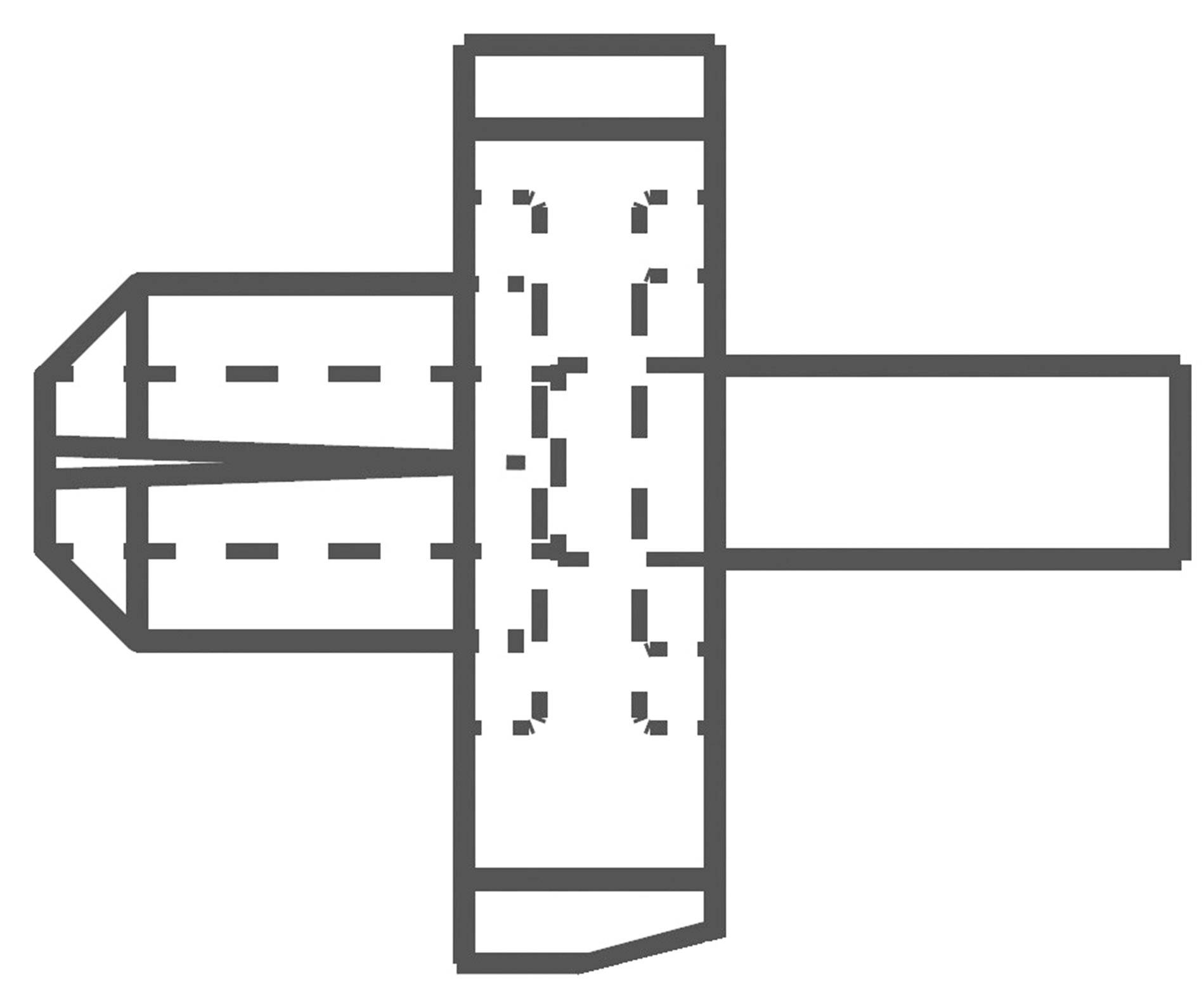Lineární diagram technického spoje, ve kterém jsou dvě trubky propojeny centrální strukturou; boční pohled.