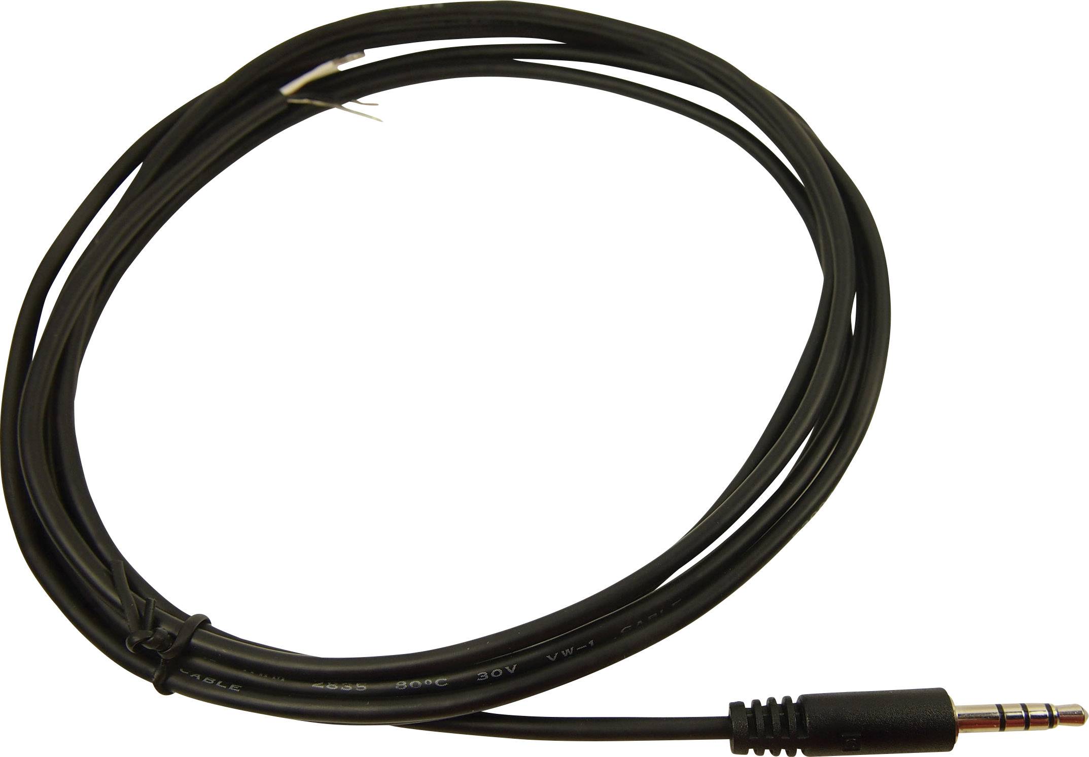 Černý audio kabel s konektorem a volnými konci. Vhodný pro připojení audio zařízení.