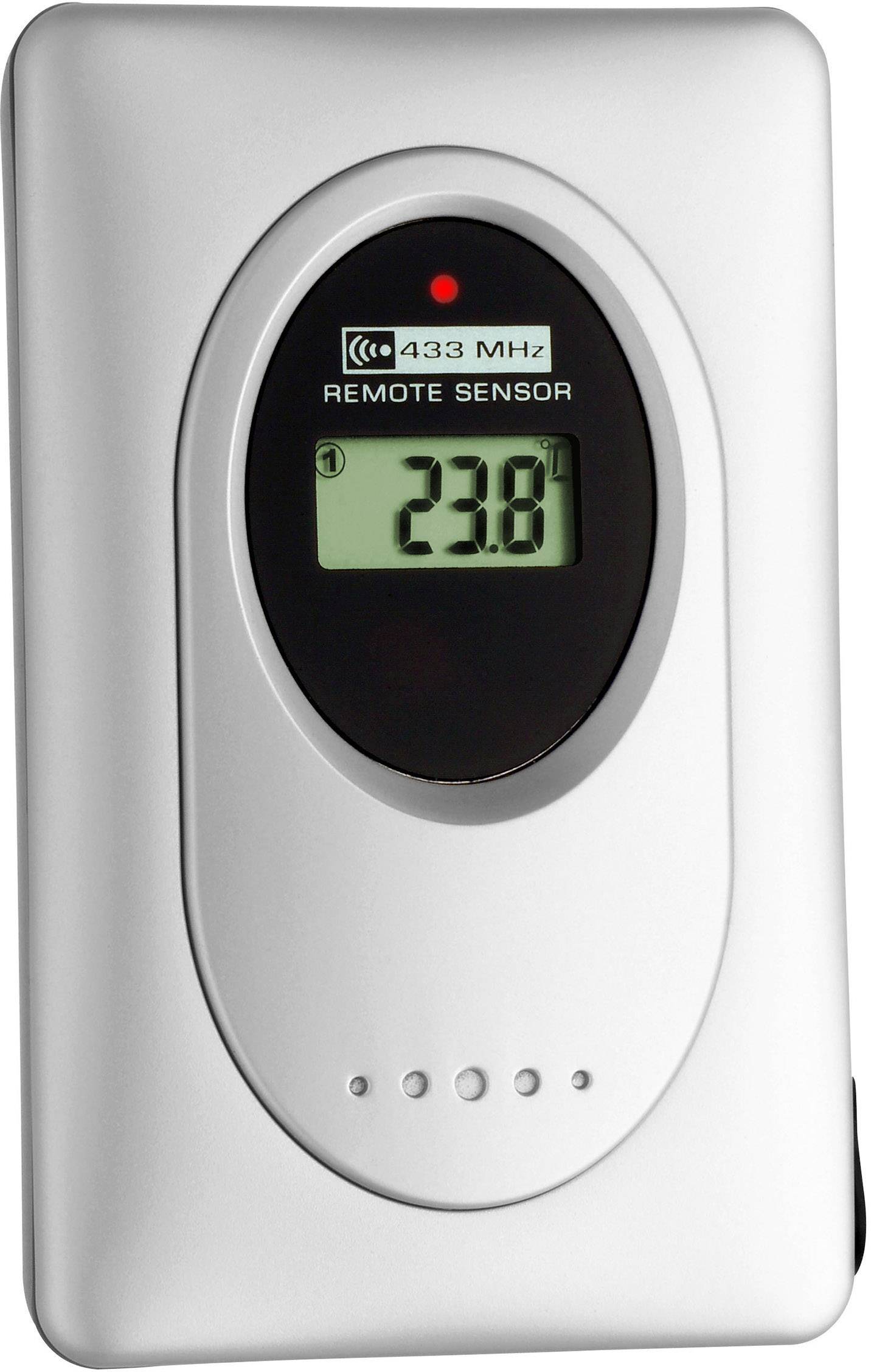 Stříbrný teplotní senzor ukazuje na malém displeji '23,8°C'. Nahoře je napsáno '433 MHz Remote Sensor'.