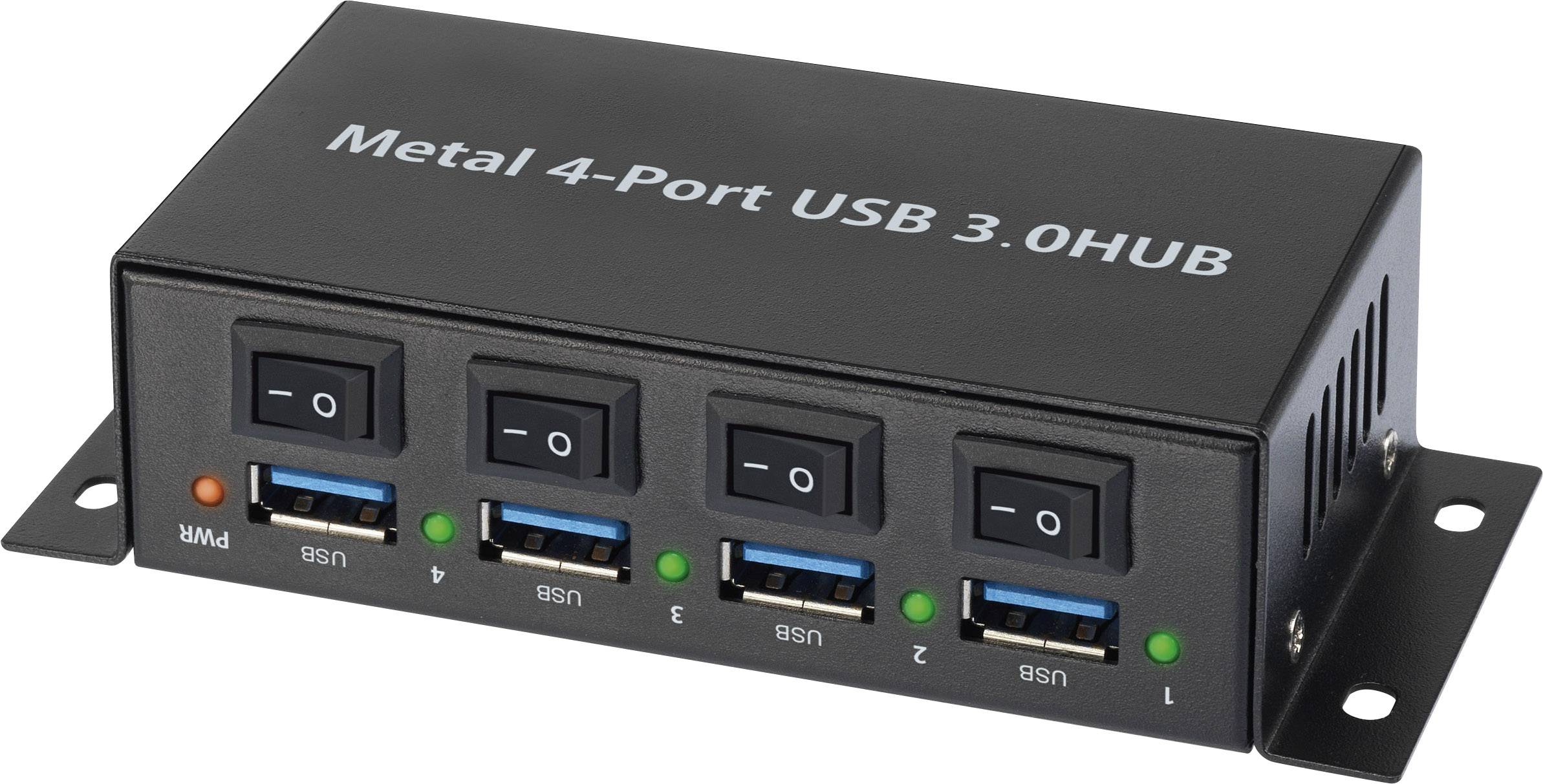 Kovový 4-portový USB 3.0 hub se čtyřmi přepínači a čtyřmi USB porty, každý s indikační zelenou LED diodou.