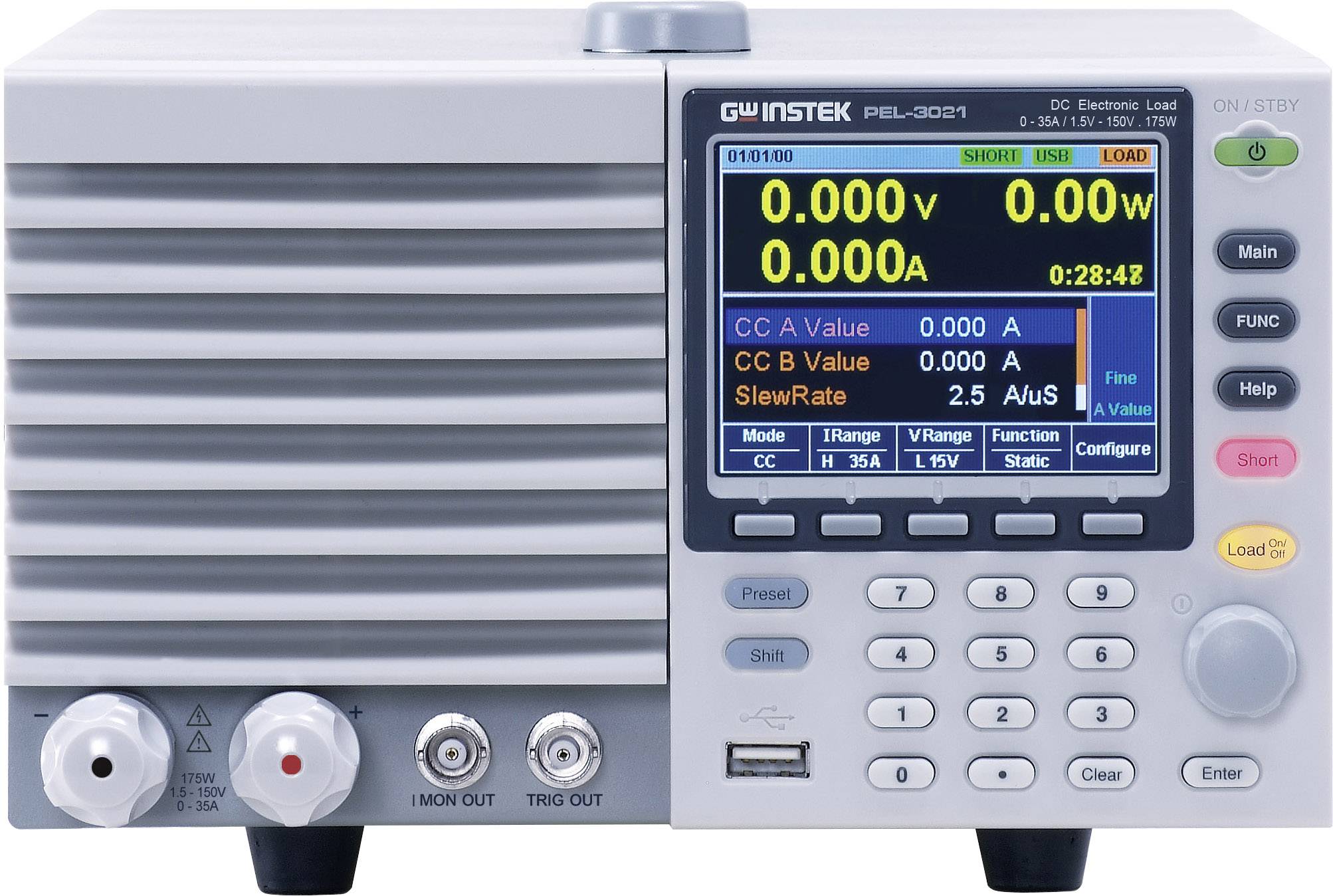 Elektronické zátěžové zařízení s barevným displejem zobrazuje napětí '0,000 V' a proud '0,000 A', vybavené mnoha ovládacími tlačítky.