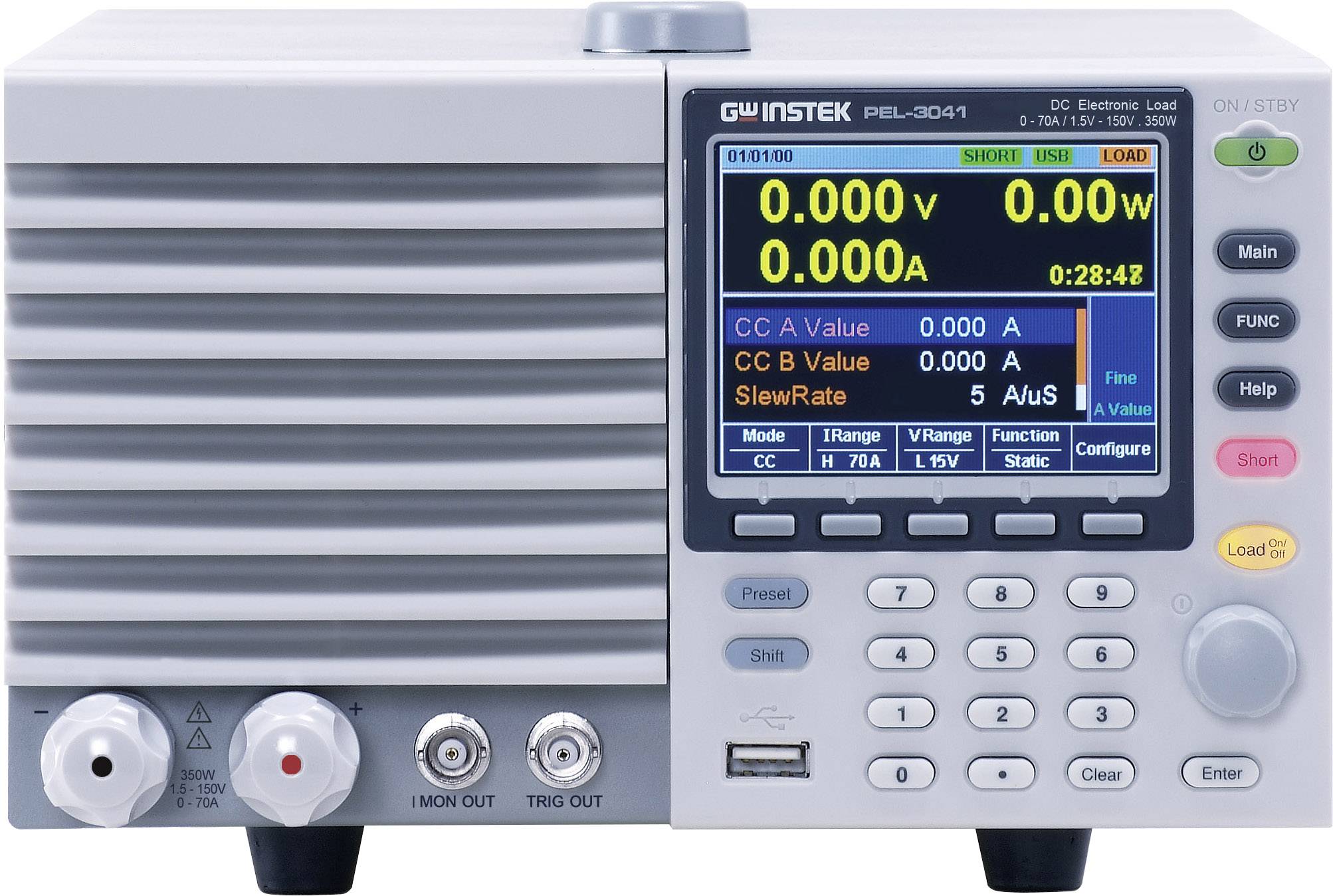 Obrázek ukazuje přístroj GW Instek PEL-3014, což je elektronická zátěž ss proudu s digitálními displeji pro napětí a proud a tlačítky pro různá nastavení.