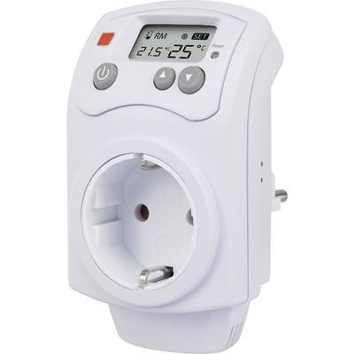 Digitální zásuvkový časovač s LCD displejem zobrazujícím '21,5°C'. Dva tlačítka pod displejem pro nastavení teploty, síťová zástrčka po straně.