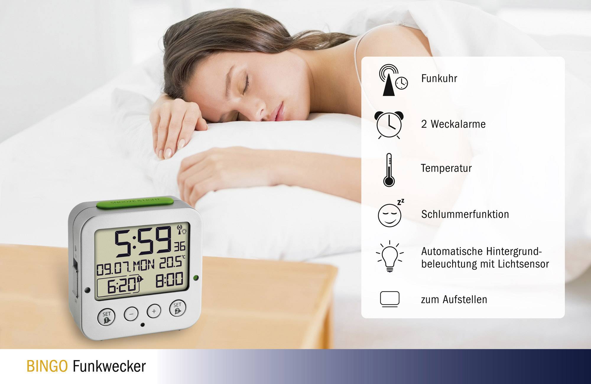Žena spí vedle digitálních rádiem řízených hodin s displejem. Funkce: rádiem řízené hodiny, 2 budíky, teplota, funkce odloženého buzení, podsvícení.