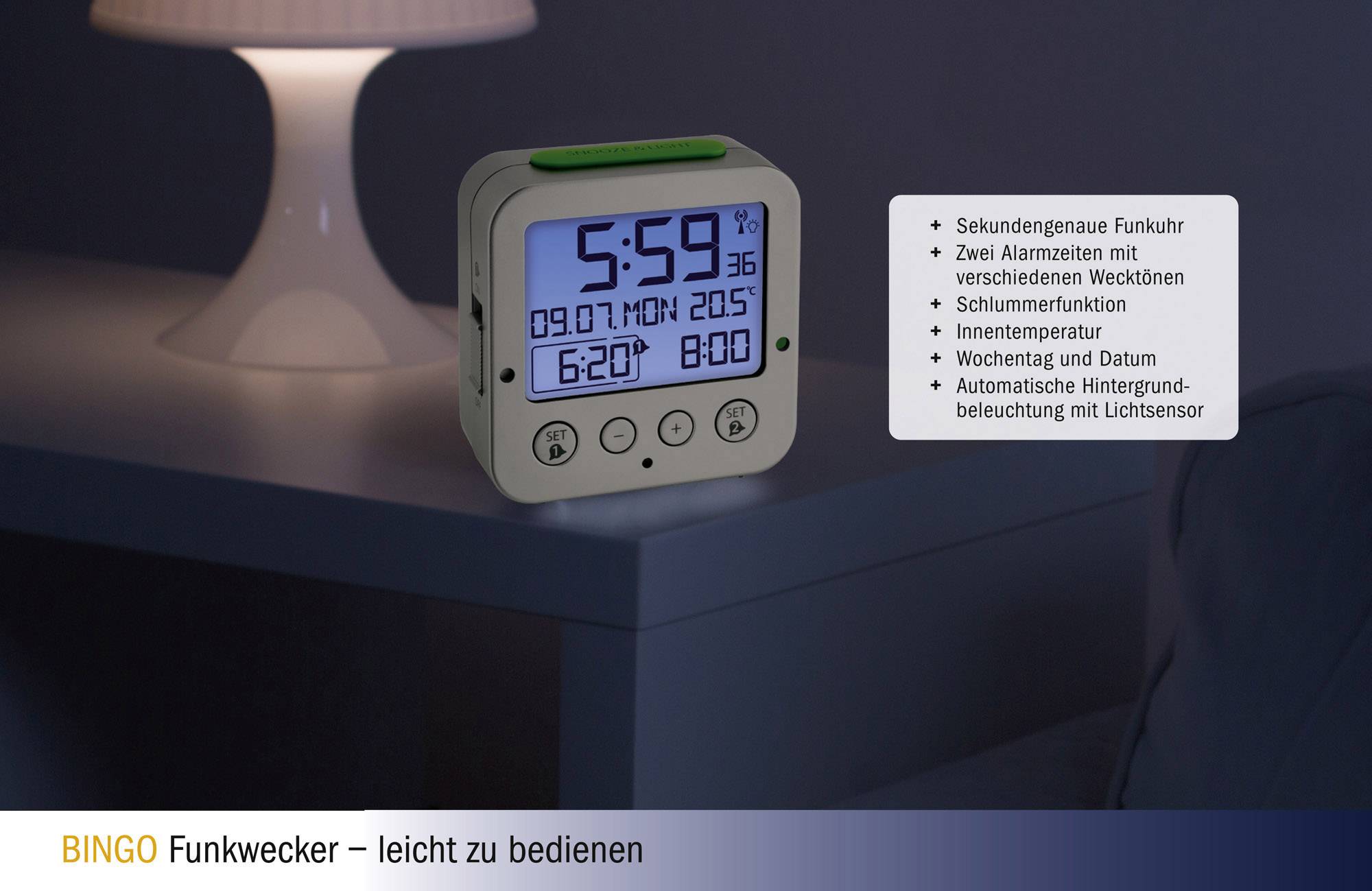Digitální budík s podsvíceným displejem ukazuje 5:59. Disponuje funkcemi pro dva budíky, dny v týdnu a automatické podsvícení.