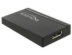 Externí pevný disk v černém provedení s USB připojením, na těle je viditelné logo 'Delock'.