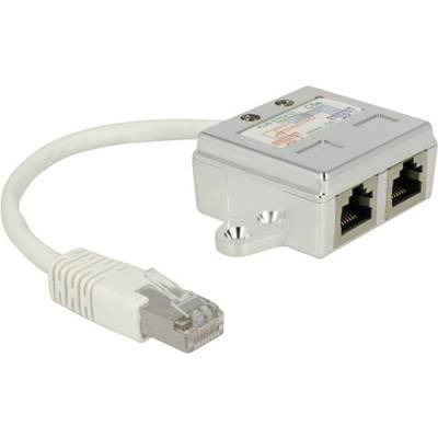 Stříbrný síťový adaptér se dvěma ethernetovými porty a krátkým kabelem zakončeným konektorem RJ-45, vhodný pro datová připojení.