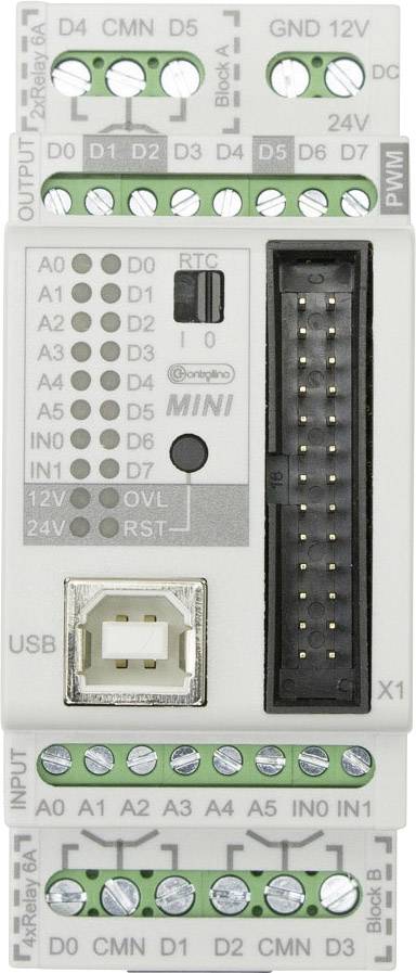 Elektrické řídicí zařízení s konektory a USB portem. Popisy: 'D0-D13', 'A0-A5', 'GND', '12V', 'OVL', 'RST'.