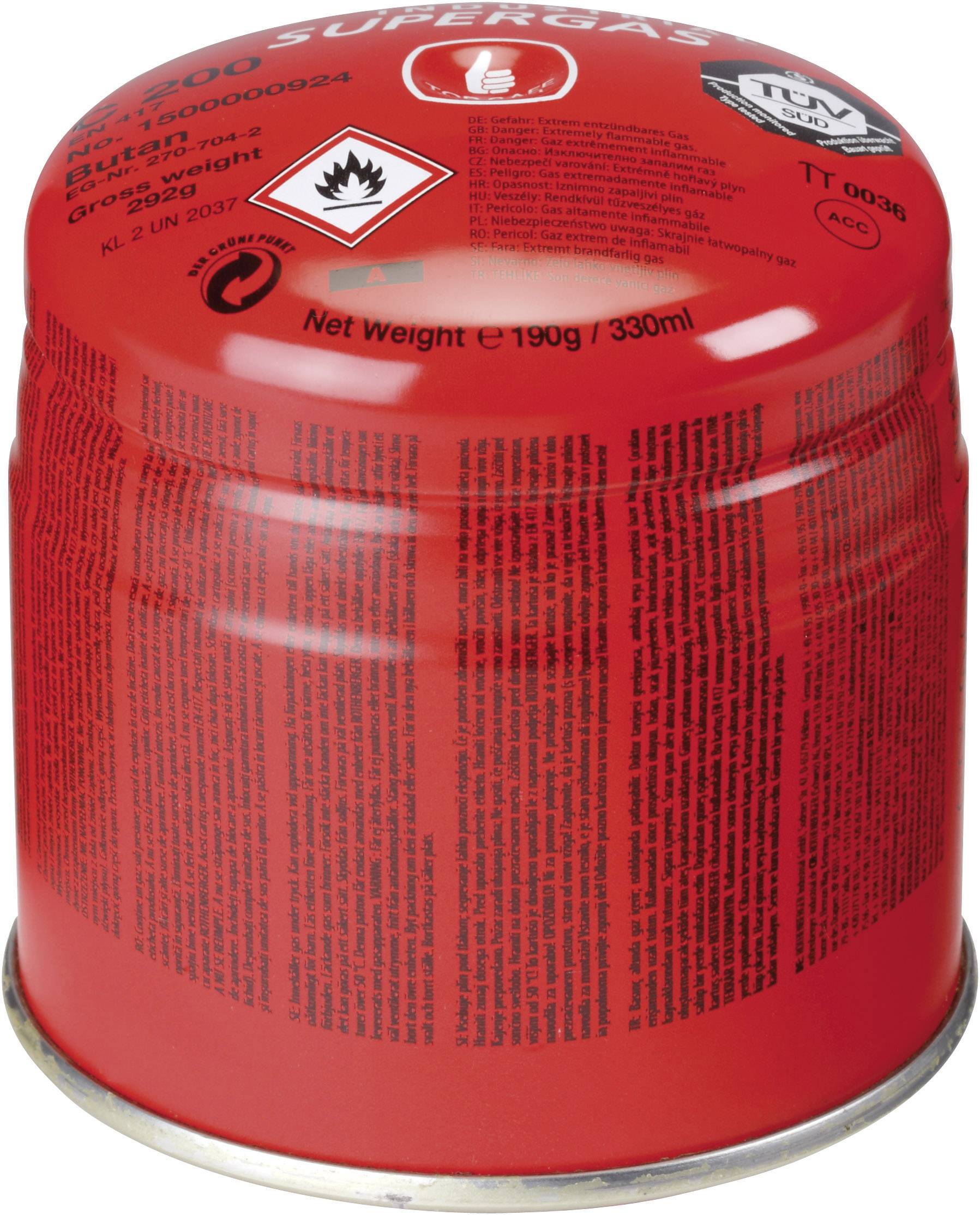 Červená plynová kartuše s 190g butanovo-propanovým mixem. Nápis 'SUPERGAS'. Výstražné a bezpečnostní pokyny jsou zřetelně viditelné.