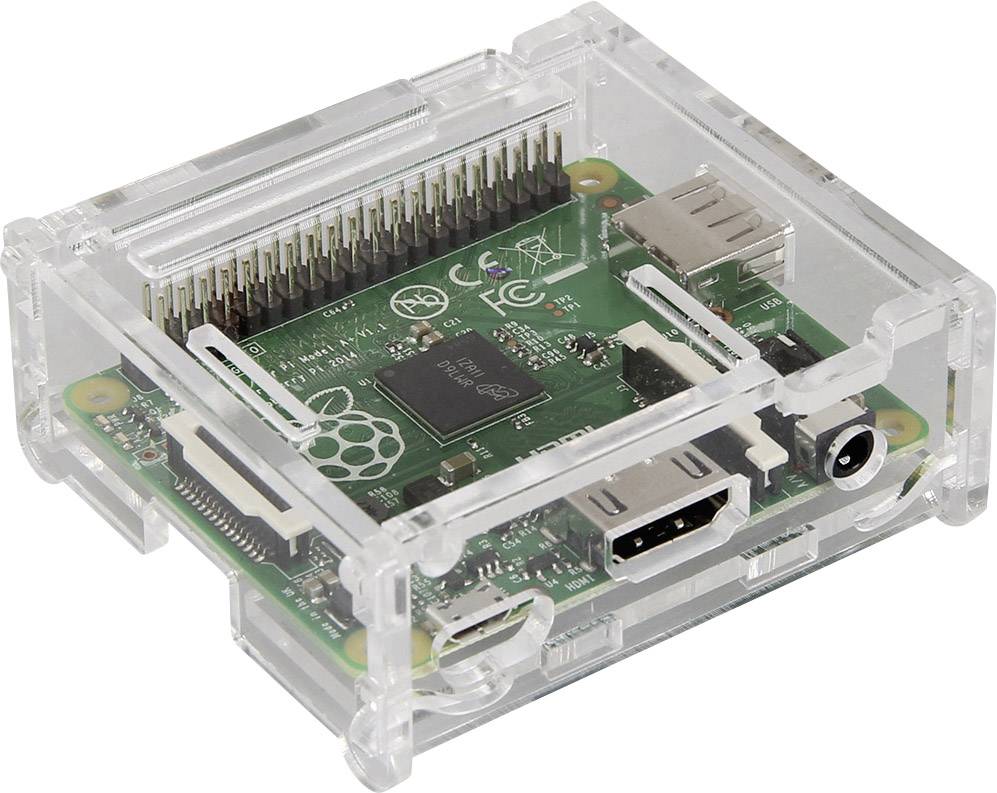 Raspberry Pi v průhledném pouzdře, zobrazující vstupy a komponenty desky plošných spojů. Využíván pro programování a elektronické projekty.