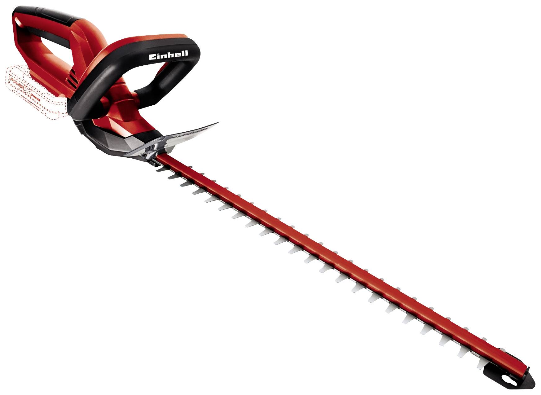Červený a černý akumulátorový plotový křovinořez s dlouhou lištou, ergonomickou rukojetí a viditelným prostorem pro baterii na levé straně.