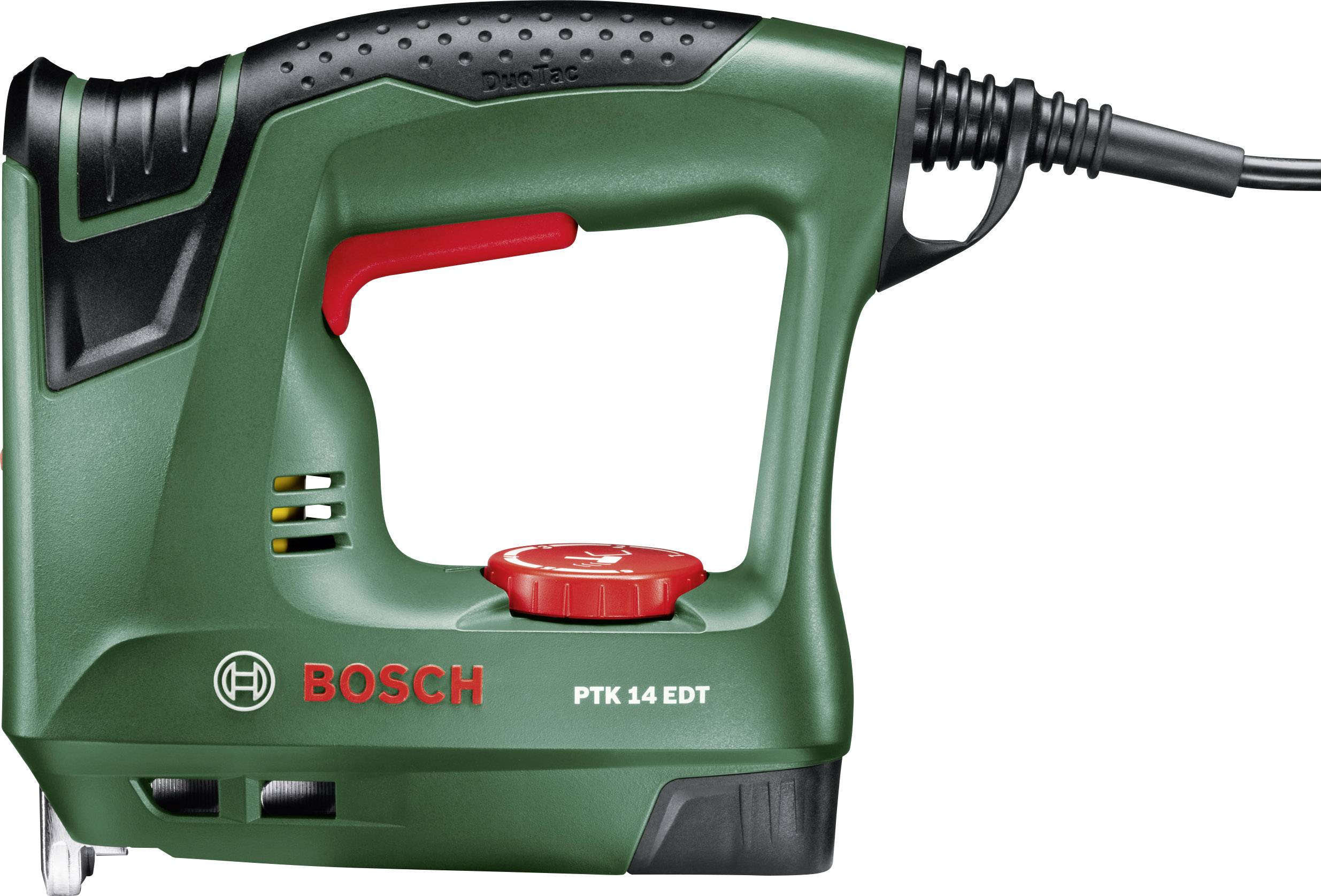 Zelená elektrická sponkovačka Bosch s červenou rukojetí a kabelem, model PTK 14 EDT.