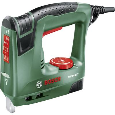 Zelená elektrická sponkovačka Bosch, model PTK 14 EDT, s červeným tlačítkem a rukojetí. Vhodná pro sponkování a přibíjení při domácích DIY pracích.