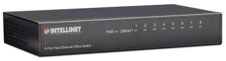 Černý 8-portový Fast Ethernet switch od společnosti Intellinet pro kancelářské použití, s LED indikátory pro každý port.
