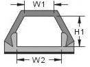 Diagram koše s profilem s rozměry: šířka nahoře (W1), šířka dole (W2) a výška (H1).