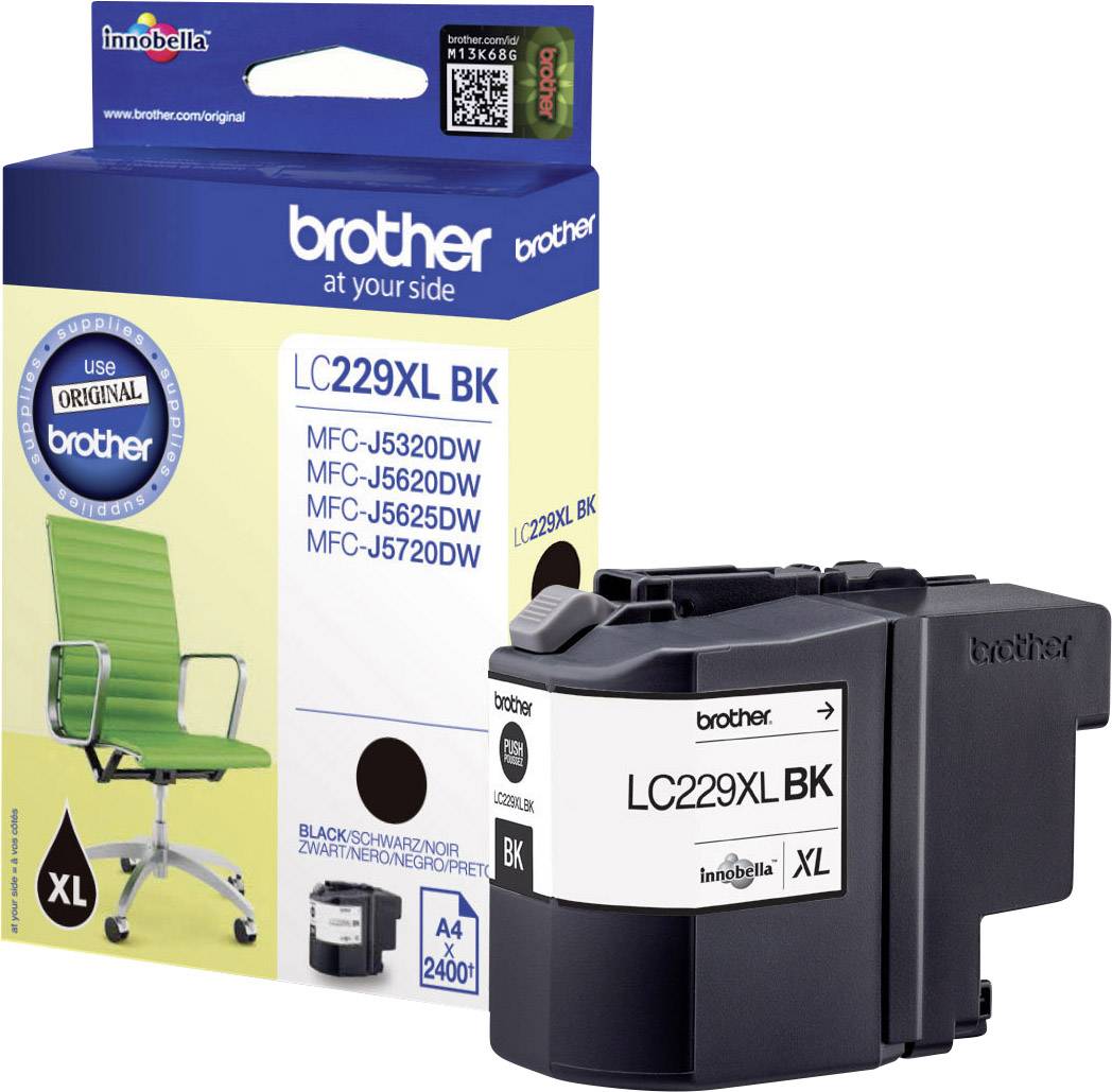 Tisková kazeta 'LC229XL BK' od Brother pro modelové řady MFC-J5320DW až MFC-J5720DW. Obal je navržen s motivem zeleného kancelářského křesla.