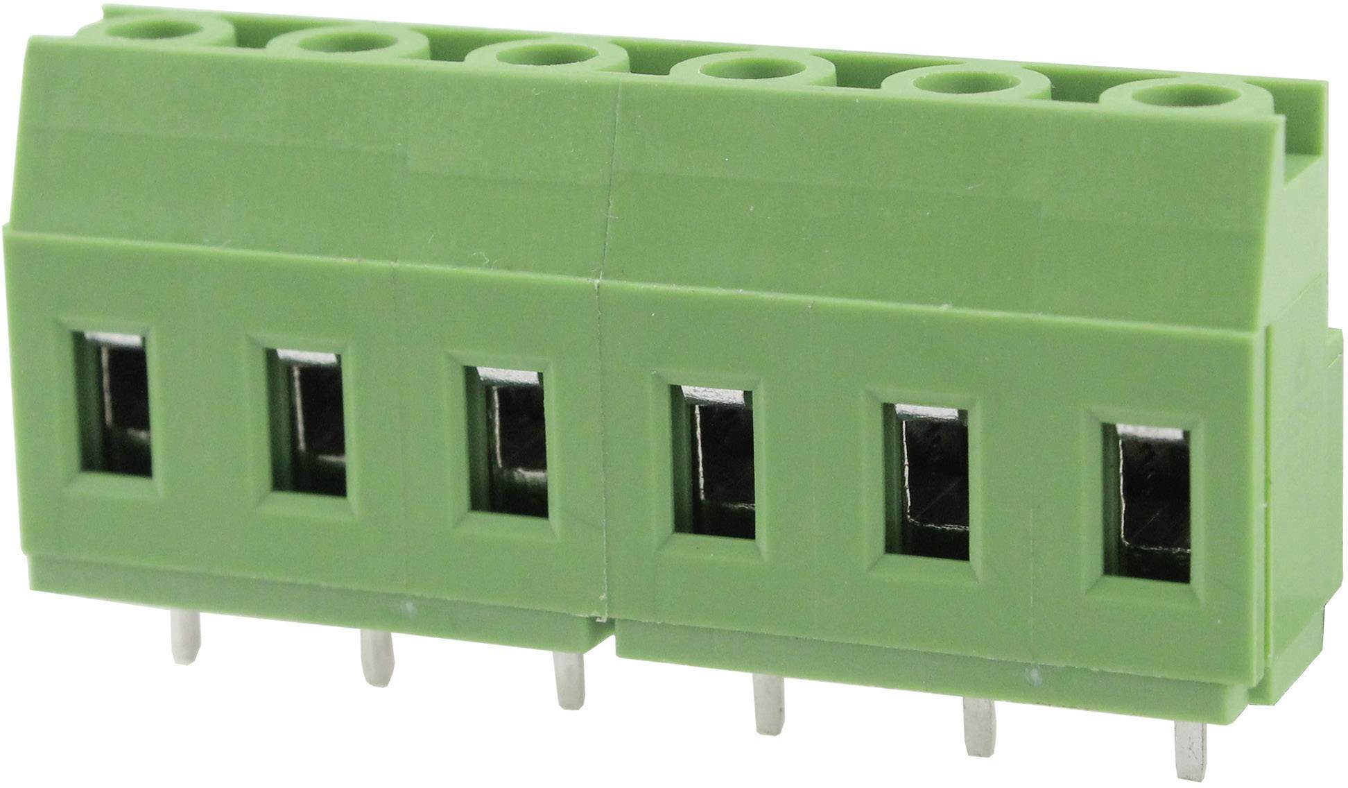 Zelený konektorový spoj se šesti vstupy, horizontálně orientovaný, vhodný pro montáž na desku plošných spojů v elektronických zařízeních.
