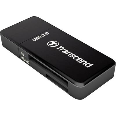Černý čtečka karet USB 3.0 od společnosti Transcend s pozicemi pro karty SD a microSD, umístěná na bílém pozadí.