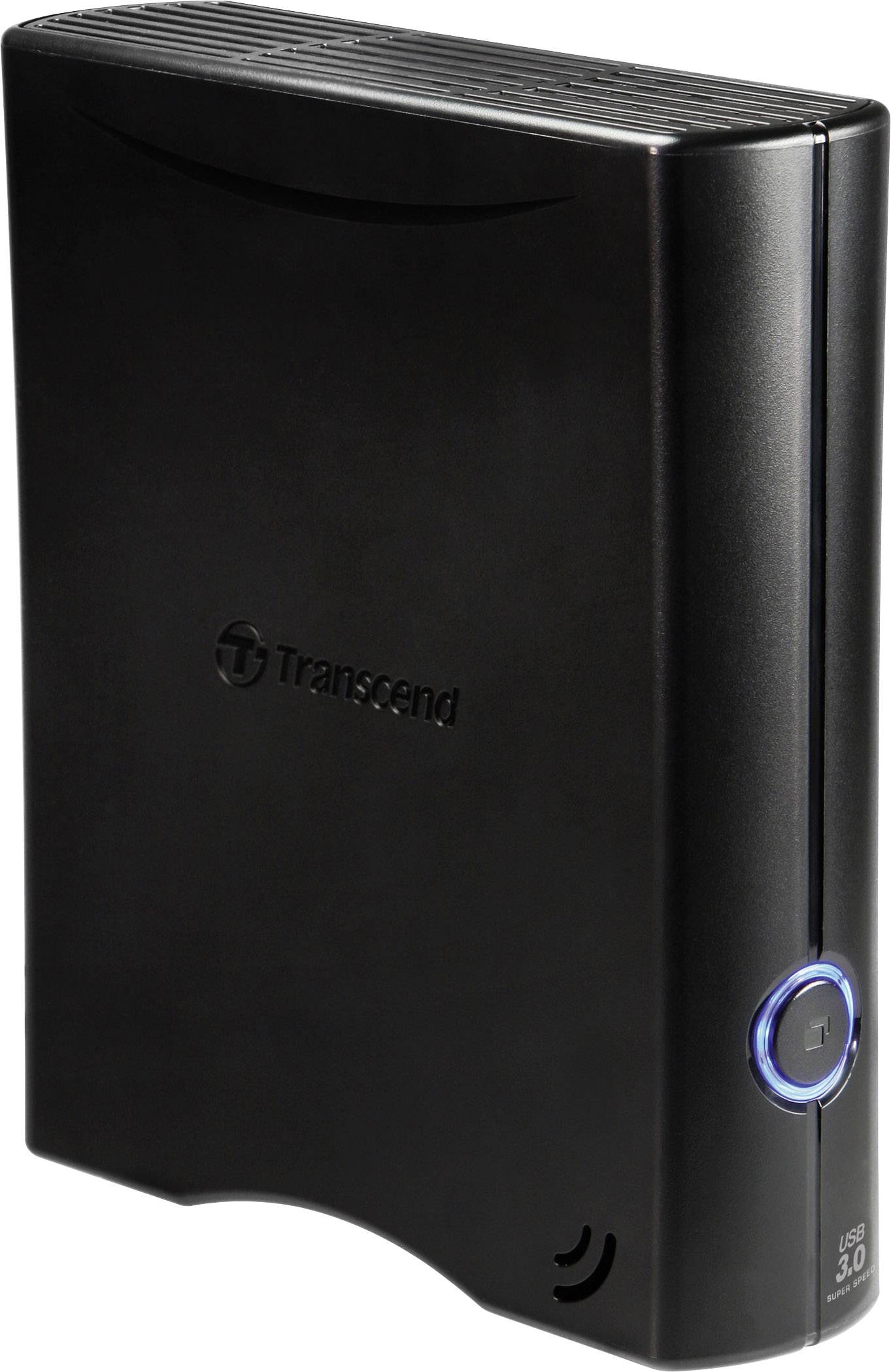 Externí černý externí disk od Transcendu s připojením USB 3.0, umístěný vertikálně. Na přední straně svítí modrý kroužek.