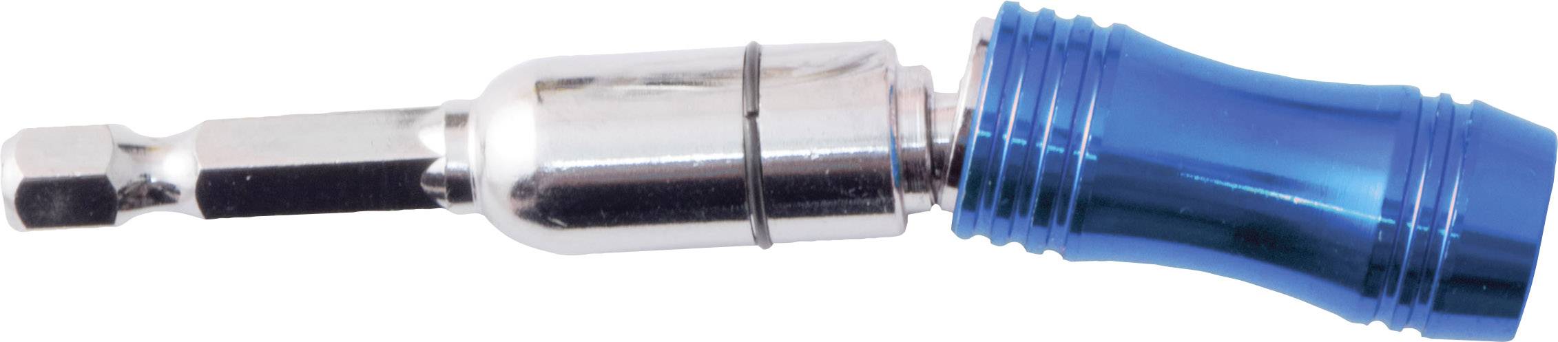 Modrý šroubovák s magnetickým hrotem leží vodorovně; rukojeť z plastu, dřík z kovu.