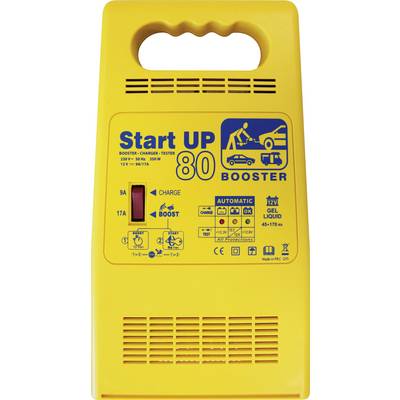 Žluté autobateriové nabíjecí zařízení s nápisem 'Start UP 80 BOOSTER'. Zobrazuje symboly pro nabíjení, automatické posilování a bezpečnostní varování.
