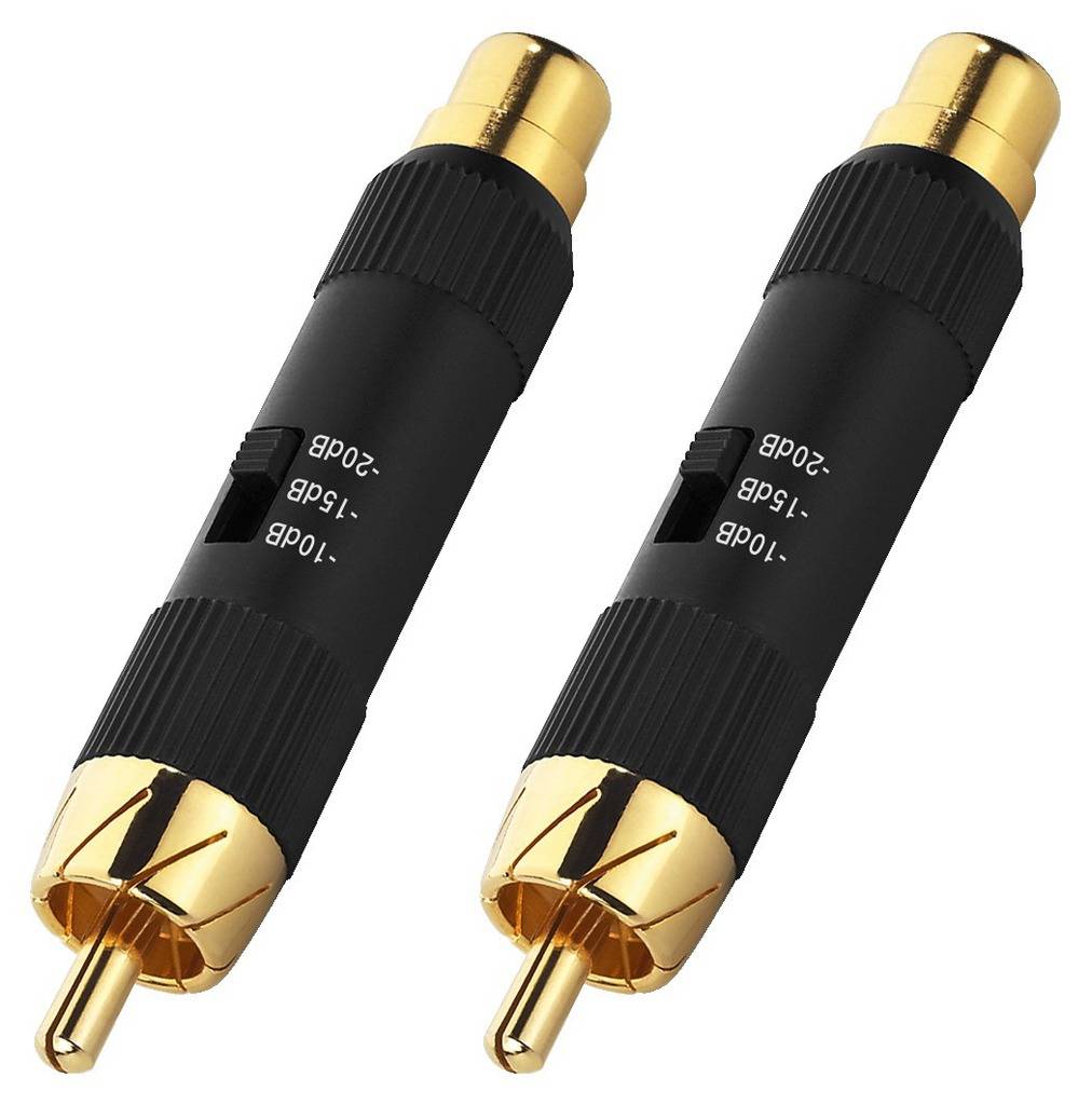Dva černé audio konektory se zlatými hroty a nastavitelnými elektrickými odpory, označené '10dB', '15dB' a '20dB'.