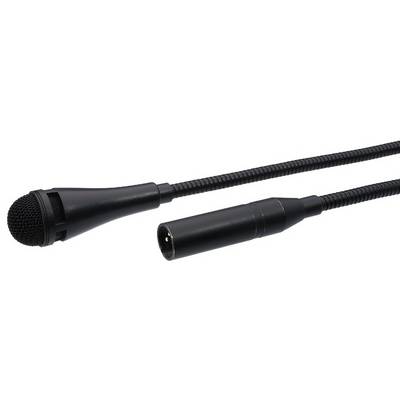 Černý mikrofon s XLR kabelem, vhodný pro audio nahrávky nebo živá vystoupení.