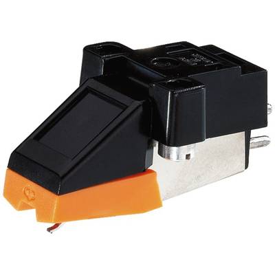 Černý snímač s oranžovou jehlou pro gramofon, který snímá vinylové desky a převádí je na audiosignály.