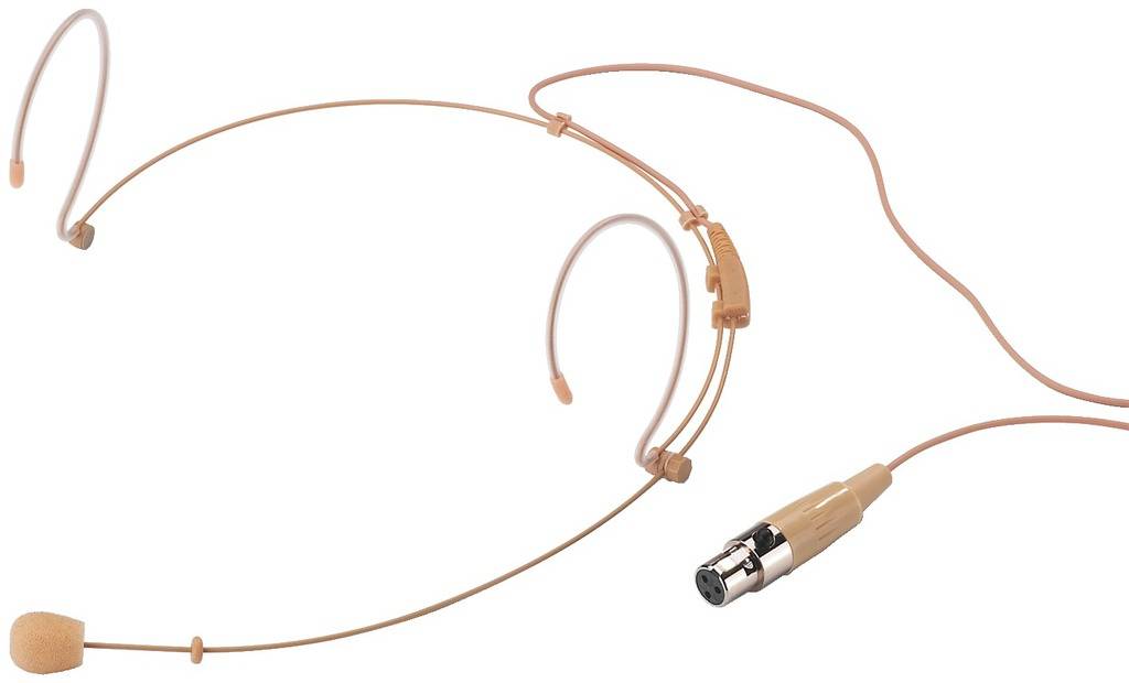 Tělově zbarvený headsetový mikrofon s ohebným ramenem a XLR konektorem, vhodný pro hands-free hlasové nebo pěvecké přenosy.
