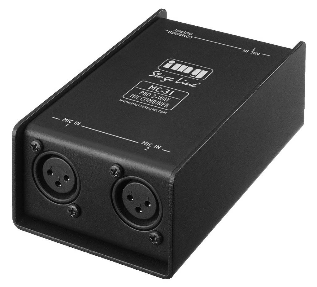 Černý audio adaptér se vstupy a výstupy XLR, označený nápisem 'Stage Line'. Vhodný pro mikrofonní připojení.