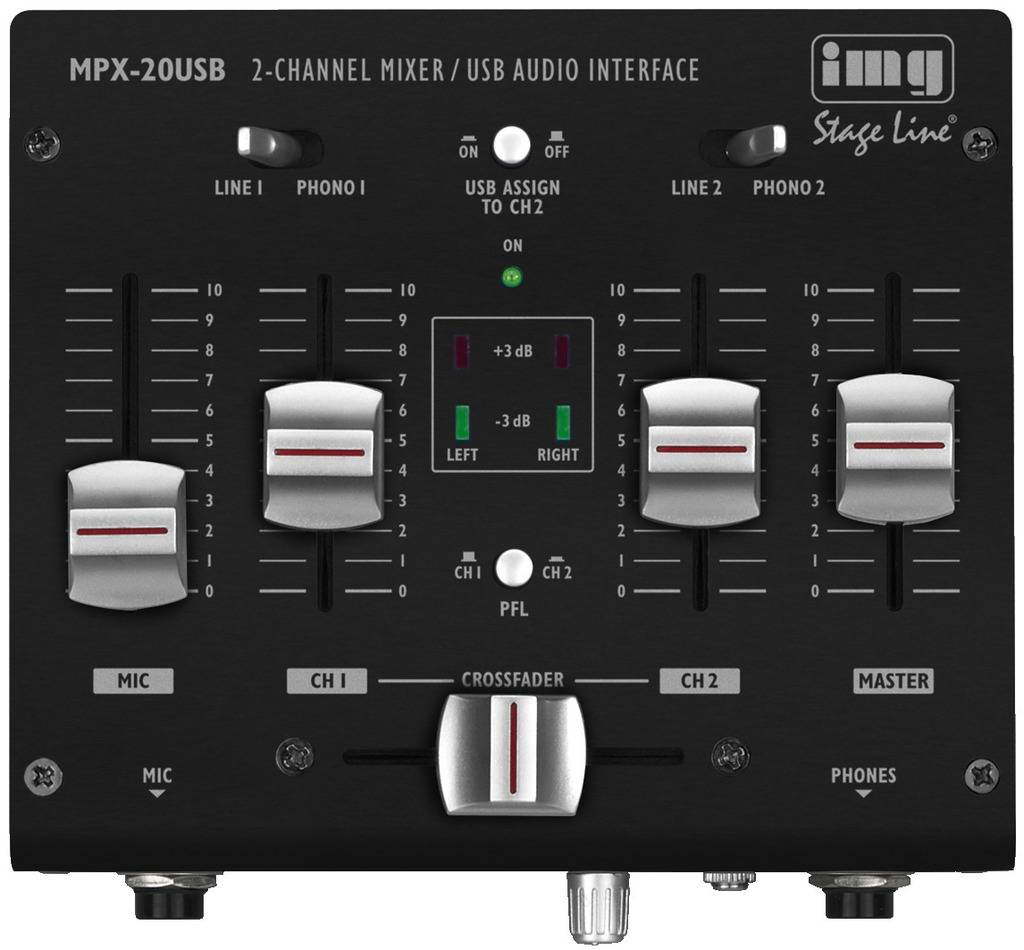 Černé audio rozhraní s několika ovladači a přepínači pro kanály a mikrofony. Označené štítkem 'MPX-20USB'.