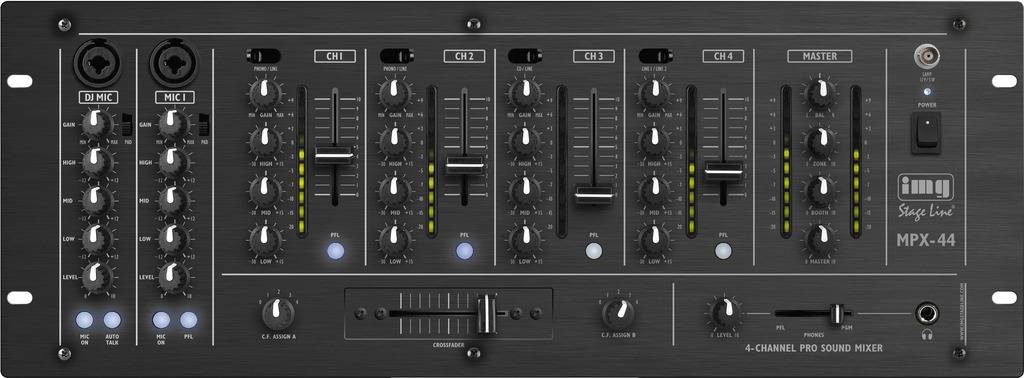 'MPX-44' DJ mixážní pult se čtyřmi kanály, každý s fádry, otočnými knoflíky a LED úrovňovými indikátory. Vstupy pro mikrofony vlevo.