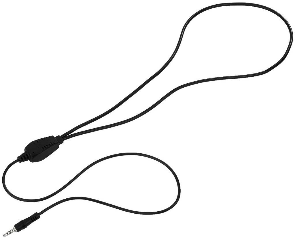 Černý 3,5mm stereo kabel s dvěma konektory; uprostřed zesílený vlnovitě tvarovaným drátem.