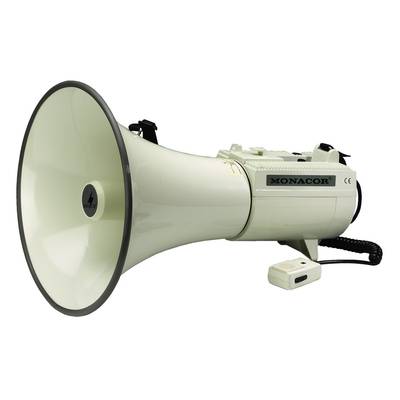 Bílý megafon s logem 'Monacor', s odnímatelným mikrofonem s kabelem. Používá se ke zesílení hlasu při velkých shromážděních.