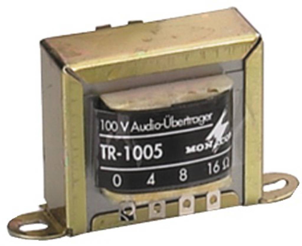 Zlatý audio transformátor s nápisem "100 V Audio transformátor TR-1005".