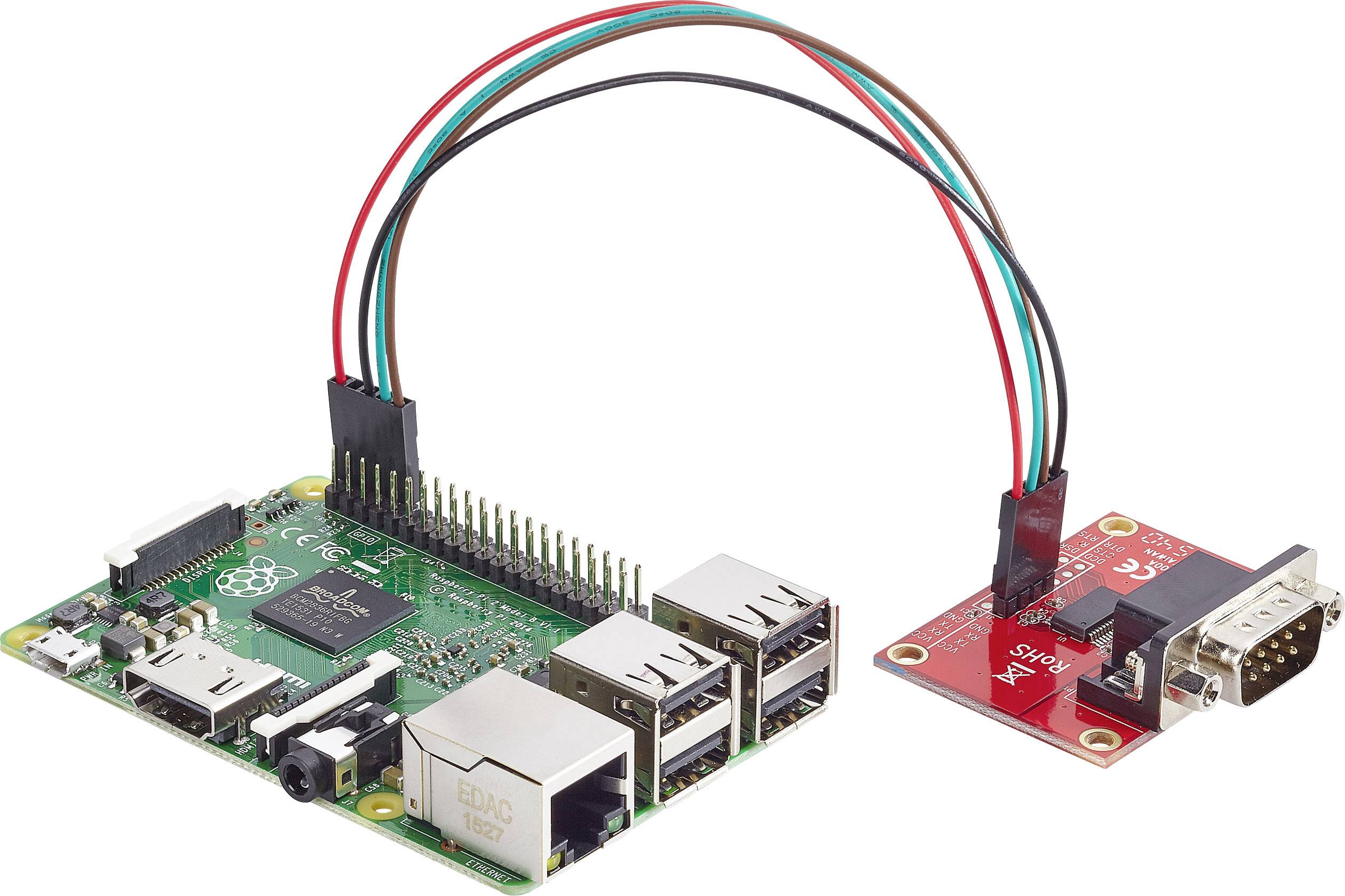 Mikrořadičová deska s USB porty je připojena třemi kabely k červené adaptérové desce.